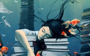 вода, девушка, сон, мечты, спокойствие, книги, учеба, рыбки, пузыри
