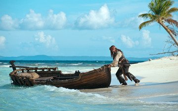побережье, лодка, джонни депп, капитан джек воробей, pirates of the caribbean on stranger tides, пираты карибского моря на странных берегах
