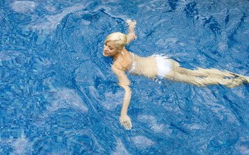 блондинка, белый, купальник, басейн