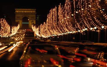 ночь, новый год, париж, триумфальная арка, гирлянды