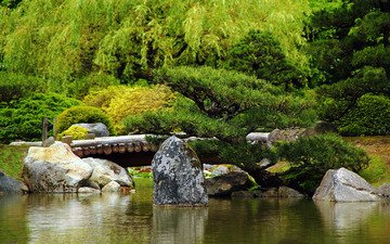 вода, мостик, парк, мост, япония, камень, японский сад