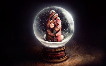снег, елка, шар, кролики, рождество, костюмы, стеклянный шар