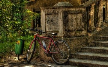 лестница, красный, велосипед, bicycle, ожидает хозяина
