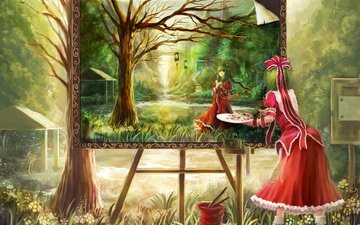 картина, пейзаж, платье, краски, kagiyama hina, oto taku, рисует