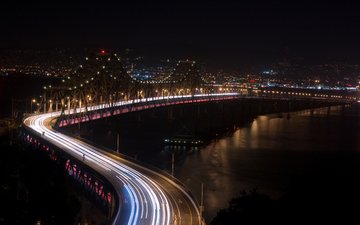 дорога, ночь, река, мост