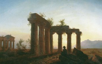 развалины, закат солнца, человек, живопись, греческий храм