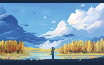 облака, озеро, горы, осень