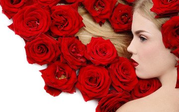 цветы, девушка, блондинка, роза, красный