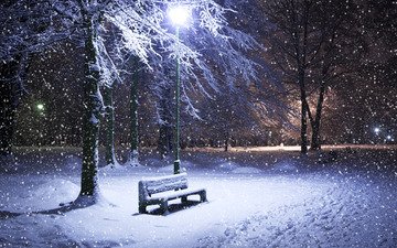 ночь, деревья, снег, зима, парк, фонарь, лавка