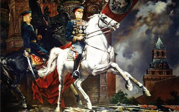 картина, кремль, храм василия блаженного, день победы, лошади, 9 мая, рокоссовский, жуков