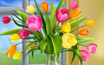 тюльпаны, окно, ваза