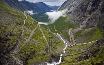 дорога, река, горы, норвегия, горная дорога, серпантин