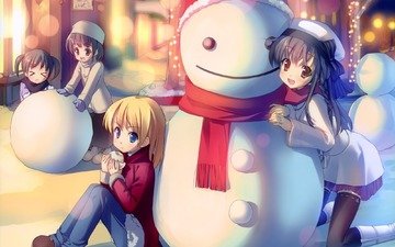 зима, настроение, аниме, снеговик, друзья