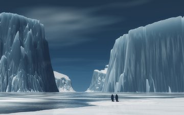 горы, лёд, пингвины
