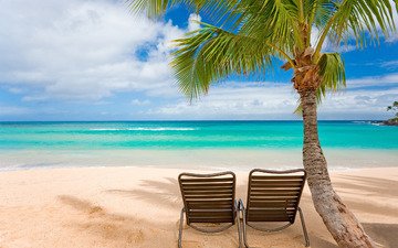 деревья, вода, берег, волны, настроение, фото, море, пляж, пейзажи, лето, острова, пальмы, океан, отдых, жара, стулья, кресла, шезлонги