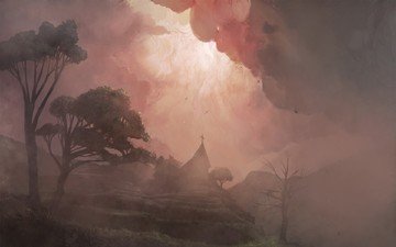 рисунок, деревья, туман, церковь