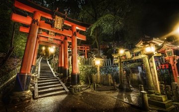 ночь, огни, гармония, храм, ворота, япония, иероглифы, китай, лестницы, тории
