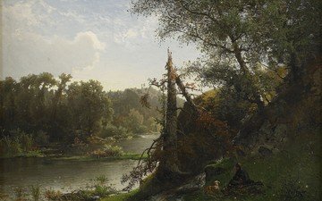 река, природа, альфред валберг, речной ландшафт с охотником и собакой