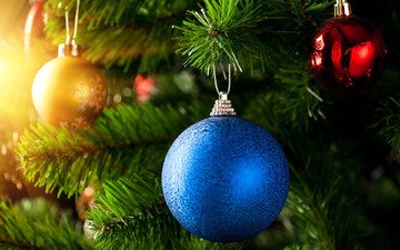 елка, шары, зима, праздник, рождество