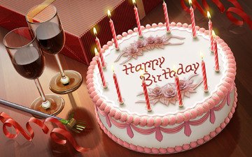 свечи, бокалы, торт, с днем ​​рождения