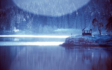 озеро, лес, зима