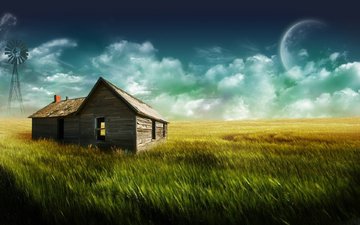 трава, луна, дом, одинокий дом