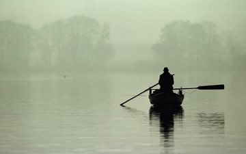 озеро, утро, туман, лодка, рыбак