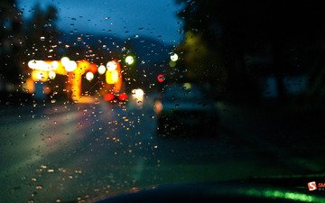 машина, улица, дождь, лобовое стекло