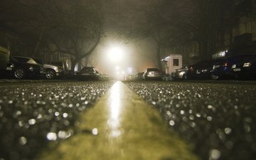 ночь, макро, дома, машины, асфальт после дождя