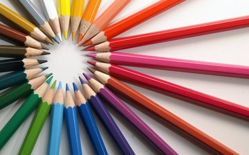 цвета, краски, радуга, карандаши, белый фон, цветные карандаши