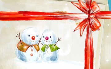 новый год, подарок, снеговики