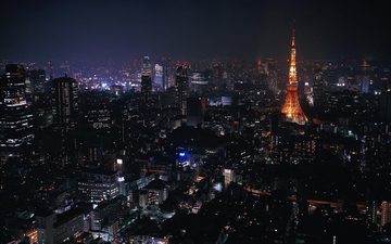 ночь, огни, город, япония, небоскребы, токио, токийская башня