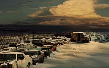 рисунок, облака, снег, машины, свалка, автомобили