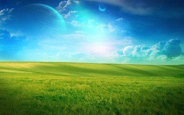 облака, зелёный, поле, планета