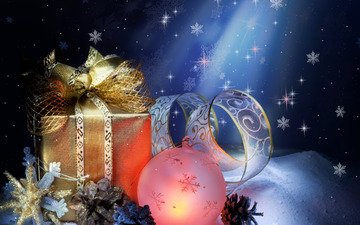снег, новый год, игрушка, подарок, шишки, новогодний шарик