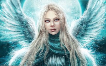 зима, девушка, взгляд, крылья, ангел