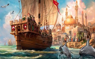 волны, корабль, краски, чайки, пристань, мечеть, дельфины, anno 1404, путешествие, прибытие, торговля