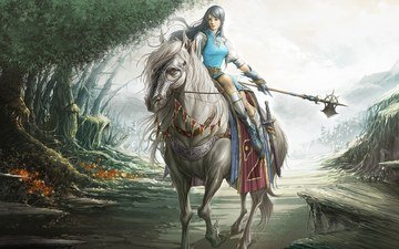 лошадь, лес, девушка, оружие, меч, сказка