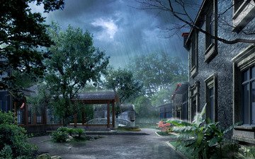 дождь, фотошоп, двор