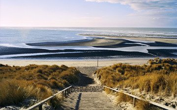 природа, волны, лестница, пейзаж, море, песок, пляж, горизонт, нидерланды