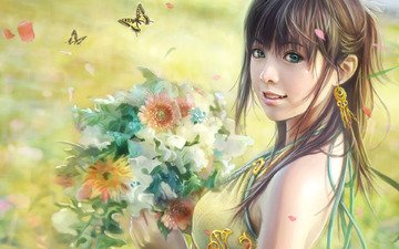 цветы, рисунок, букет, бабочки, i-chen lin