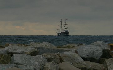 вода, камни, море, корабль