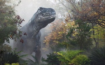 лес, туман, осень, динозавр