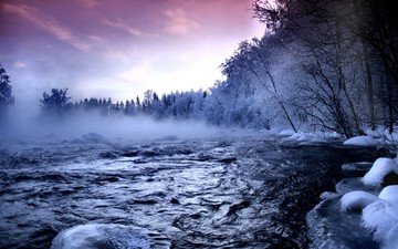 река, снег, лес, зима, туман, пар