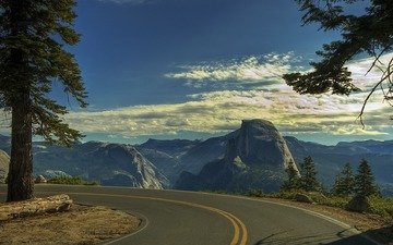 небо, дорога, горы, дерево, камни, пейзаж, сша, обрыв, поворот, калифорния, национальный парк йосемити