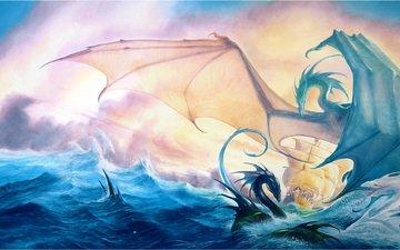 фентези, море, корабль, драконы