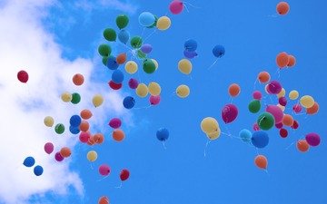 небо, шары, воздушные, полёт.разноцветные