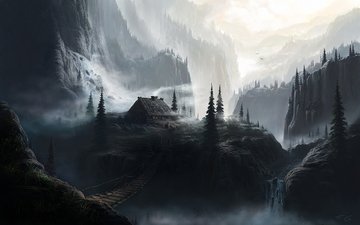 горы, лес, мост, избушка