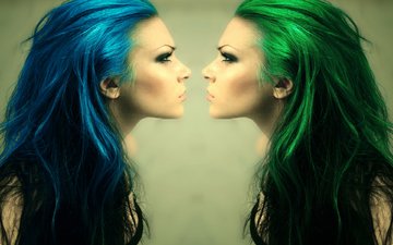 девушка, зеленые, профиль, волосы, лицо, синее, к лицу