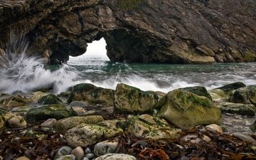 камни, берег, скала, океан, прибой, арка